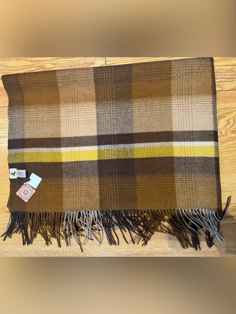 NWT Wool Plaid Throw Blanket in Mustard, Brown & Cream with Fringe Edges 72x56